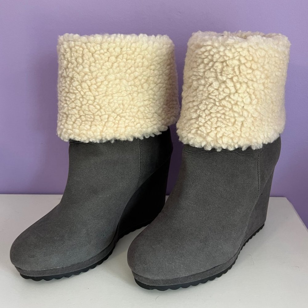 Cameron Charcoal Grey, Sherpa Wedge Bootie, Size 6.5
